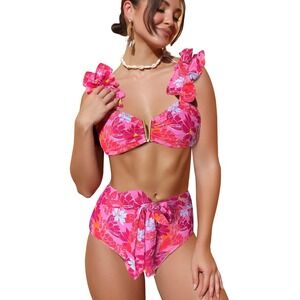 SPORLIKE Women High Waisted Swimsuit Flounce Straps Bikini Bathing Suit XL NWT